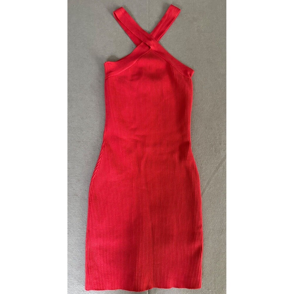 House of Harlow 1960 Dress Womens XS Red Coral Ribbed Knit Halter Bodycon Mini